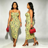 Women Sexy Butterfly Print Cutout Waist Strap Midi Dress