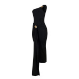 Women One-Shoulder Sexy SolidSleeveless Cutout Star Pencil Dress