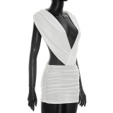 Summer Women Solid Sexy Deep V Sleeveless Low Back Halter Neck Ruched Dress