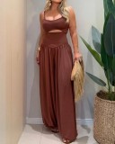 Summer Women Open Waist Halter Low Back Tie Loose Jumpsuit