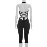 Summer Women Solid Sexy Sleeveless Low Back Lace-Up Halter Neck Cropped Jumpsuit