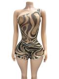 Women Style Printed Fitted Bodycon Sleeveless Zebra Bodysuit and Shorts Set