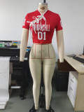 Women Letter Print Lace-Up Colorblock Cropped T-Shirt Trendy Fitted Short Sleeve Top