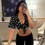 Summer Women Sexy Polka Dot Print Short Sleeve Lace-Up Crop Top