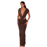 Summer Women Solid Casual Sleeveless Halter Neck Low Back Fitted Bodycon Long Dress