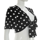 Summer Women Sexy Polka Dot Print Short Sleeve Lace-Up Crop Top