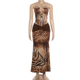 Spring Women Beaded Chain Halter Neck Sexy Low Back Bodysuit and Long Skirt Set