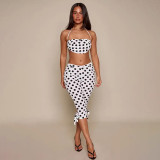 Summer Women Polka Dot Print Sleeveless Halter Neck Lace-Up Top & Capri Pants Set