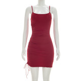 Summer Women Solid Casual Sleeveless Drawstring Halter Neck Tight-Fitting Bodycon Mini Dress