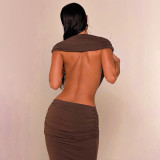 Summer Women Solid Casual Sleeveless Halter Neck Low Back Fitted Bodycon Long Dress