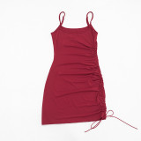 Summer Women Solid Casual Sleeveless Drawstring Halter Neck Tight-Fitting Bodycon Mini Dress