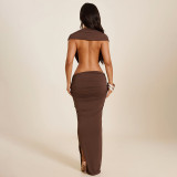 Summer Women Solid Casual Sleeveless Halter Neck Low Back Fitted Bodycon Long Dress
