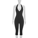 Summer Women Solid Sexy Sleeveless Low Back Lace-Up Halter Neck Cropped Jumpsuit