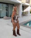 Women Printed Mesh Ruffled Halter Neck Backless Top and Shorts Two-Piece Set