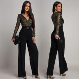 Women Sexy V Neck Sequin Long Sleeve Jumpsuit