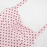 Women Polka Dot Printed Halter Neck Lace-Up Strapless Top and Bell Bottom Pants Two-Piece Set