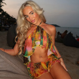 Women Printed Mesh Ruffled Halter Neck Backless Top and Shorts Two-Piece Set