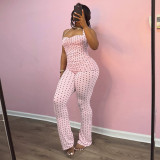 Women Polka Dot Printed Halter Neck Lace-Up Strapless Top and Bell Bottom Pants Two-Piece Set