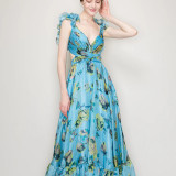 Women Summer Printed Lace-Up Maxi Dress