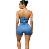 Women Sexy Backless Wrap-Top Tie-Waist Denim Romper