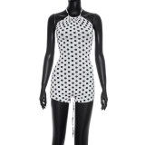 Women Summer Polka Dot Printed Halter Neck Lace-Up Backless Romper