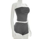 Women Sexy Striped Strapless Top and Shorts Two-Piece Set