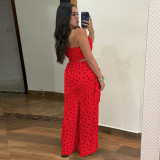Women Polka Dot Printed Halter Neck Backless Strapless Top and Fringed Pants Two-Piece Set