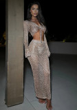 Women Sexy Cut-Out Long Sleeve Lace-Up Top Beach Holidays Knitting Beach Skirt Two-Piece Set