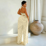 Women Polka Dot Printed Halter Neck Backless Strapless Top and Fringed Pants Two-Piece Set