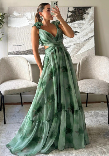 Women Summer Printed Lace-Up Maxi Dress