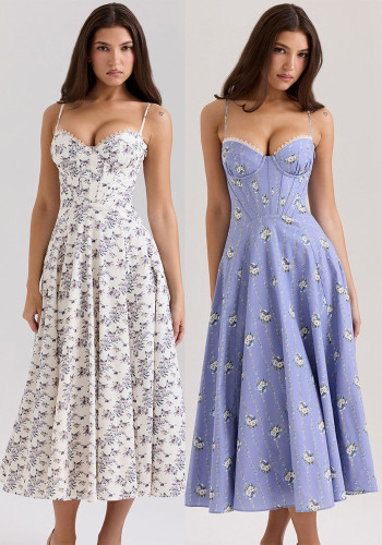 Women Elegant Floral Print Sling Dress
