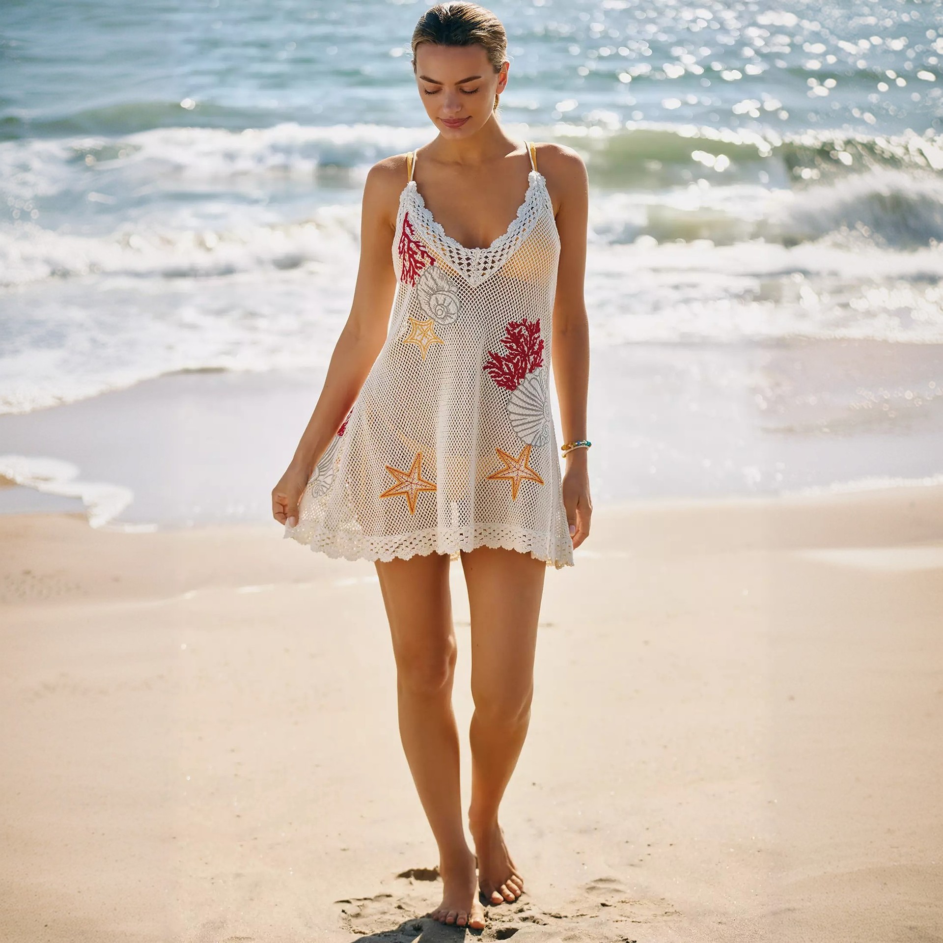 Knitted Embroidered Cut-Out Cover-Up Dress for Beachwear