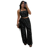 Women Polka Dot Printed Halter Neck Backless Strapless Top and Fringed Pants Two-Piece Set