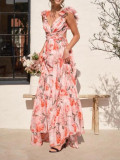Women Summer Printed Lace-Up Maxi Dress