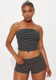 Women Sexy Striped Strapless Top and Shorts Two-Piece Set