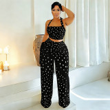 Women Polka Dot Printed Halter Neck Backless Strapless Top and Fringed Pants Two-Piece Set