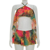 Women Printed Mesh Ruffled Halter Neck Backless Top and Shorts Two-Piece Set