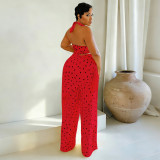 Women Polka Dot Printed Halter Neck Backless Strapless Top and Fringed Pants Two-Piece Set