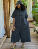 Women Washed Short Sleeve Denim Jumpsuit