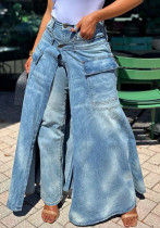 Women Fake Two-Piece Symmetrical Split Denim Pants Women Fake Two-Piece Symmetrical Split Denim Pants