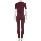 Women Solid Color Round Neck Short Sleeve T-Shirt and Pants Two-Piece Set