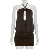 Women Sexy Halter Neck Lace-Up Cut-Out Ruffled Bodycon Dress