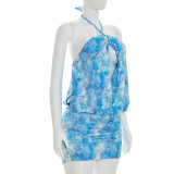 Women Sexy Halter Neck Lace-Up Cut-Out Ruffled Bodycon Dress