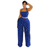 Women Polka Dot Printed Halter Neck Backless Strapless Top and Fringed Pants Two-Piece Set