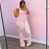 Women Polka Dot Printed Halter Neck Lace-Up Strapless Top and Bell Bottom Pants Two-Piece Set