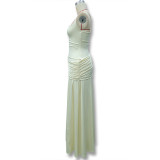 Women Spring Ruched Sling Backless Maxi Dress