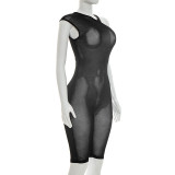 Women Sexy Solid Color Mesh See-Through Slash Shoulder Jumpsuit