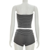 Women Sexy Striped Strapless Top and Shorts Two-Piece Set