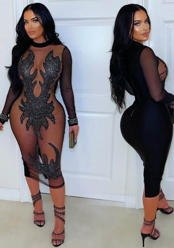 Women Sexy See-Through Sequin Round Neck Casual Dress