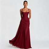 Women Spring Ruched Sling Backless Maxi Dress